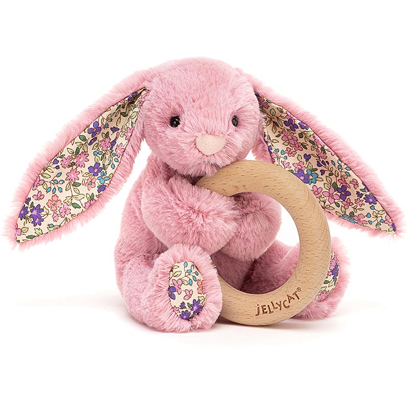 Blossom Tulip Pink Bunny Wooden Teething Ring & Rattle